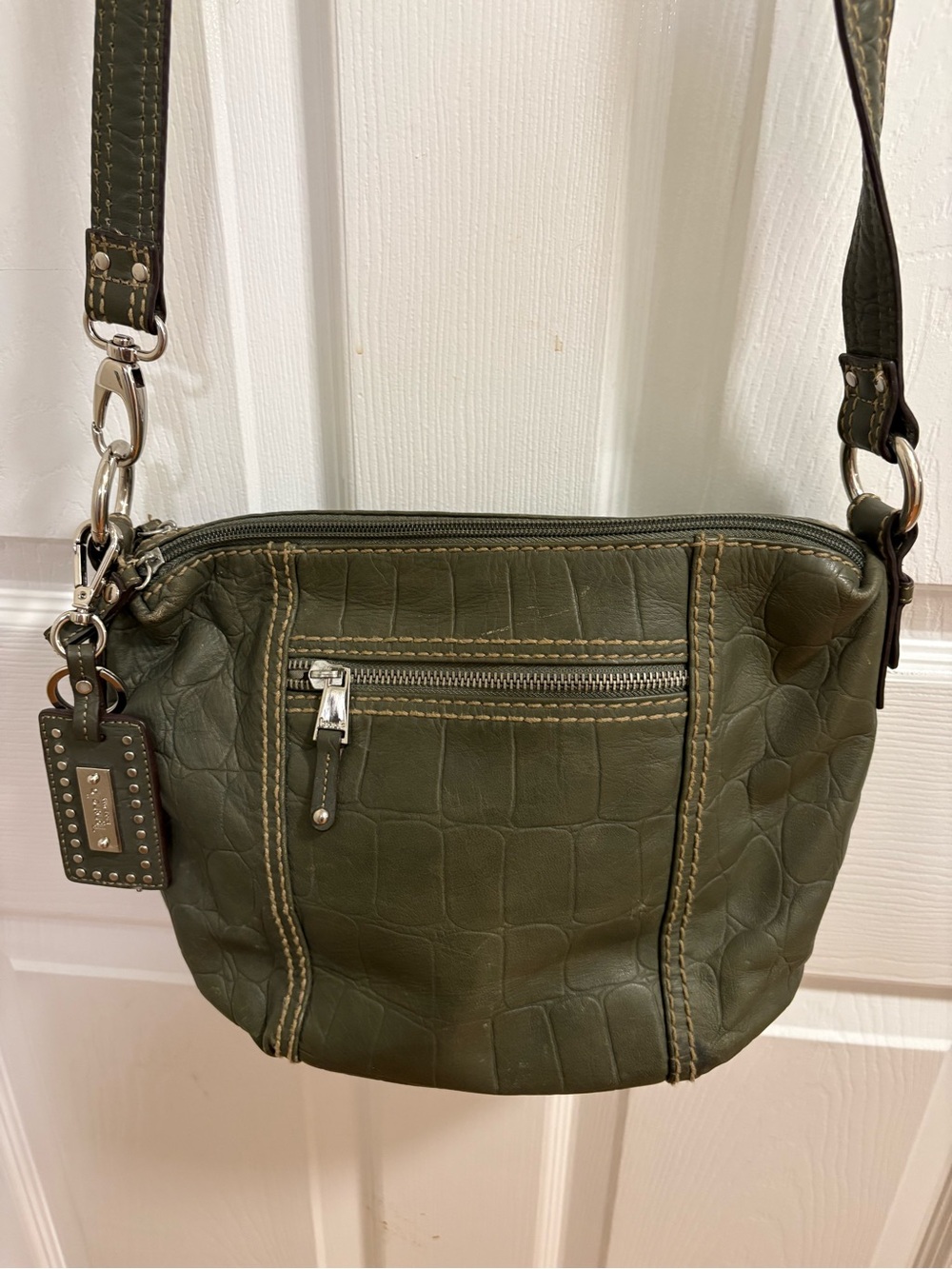 olive green croc-embossed leather crossbody bag by Tignanello